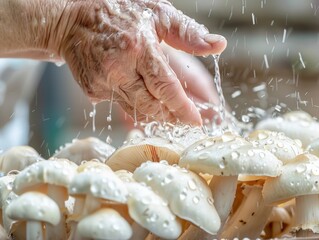 Multigenerational Hands Watering Mushrooms Indoors: A Vivid Display of Care and Diversity