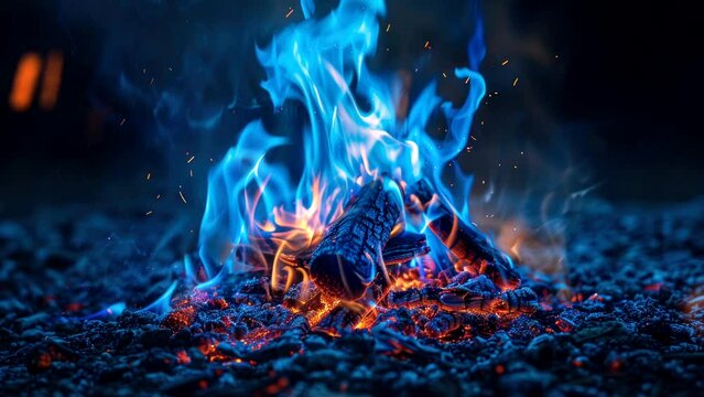 blue fire on bonfire of wood campfire video looping background 4k