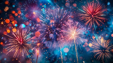 Fototapeta premium Colorful fireworks in the night sky, festive celebration, bright lights