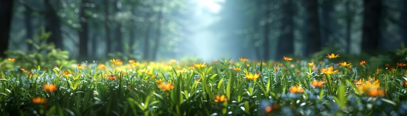 Fototapeta premium Quiet forest clearing with wildflowers, blurred background,