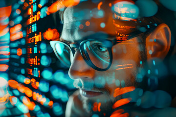 Computer, code hologram and man thinking of data analysis, night cybersecurity and software coding overlay. Programmer or person in glasses reading html script, programming or cybersecurity research