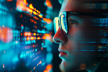 Computer, code hologram and man thinking of data analysis, night cybersecurity and software coding overlay. Programmer or person in glasses reading html script, programming or cybersecurity research