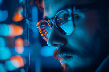 Computer, code hologram and man thinking of data analysis, night cybersecurity and software coding overlay. Programmer or person in glasses reading html script, programming or cybersecurity research