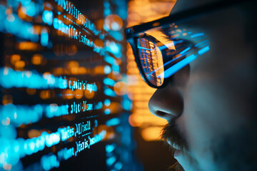 Computer, code hologram and man thinking of data analysis, night cybersecurity and software coding overlay. Programmer or person in glasses reading html script, programming or cybersecurity research