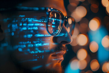 Computer, code hologram and man thinking of data analysis, night cybersecurity and software coding overlay. Programmer or person in glasses reading html script, programming or cybersecurity research