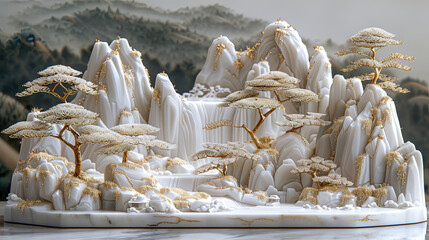 High-Definition 3D White Relief Landscape with Gold Outlines, Featuring Mountains, Rivers, and Trees in Chinese Architecture Style, Clear Texture Details and Delicate Carving on Light Gray Background