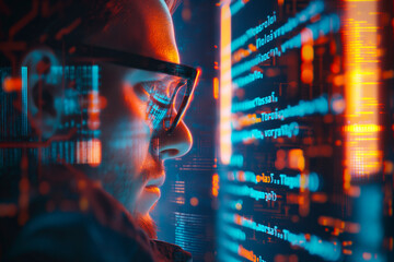 Computer, code hologram and man thinking of data analysis, night cybersecurity and software coding overlay. Programmer or person in glasses reading html script, programming or cybersecurity research
