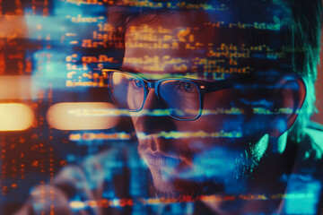 Computer, code hologram and man thinking of data analysis, night cybersecurity and software coding overlay. Programmer or person in glasses reading html script, programming or cybersecurity research