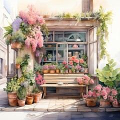 A beautiful watercolor painting of a flower shop with a pink theme