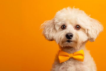 Cute Maltipoo dog with yellow bow tie on neck against orange background