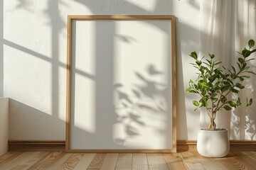 Poster frame mockup on wooden floor created with Generative AI
