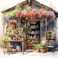 A cozy garden shed is surrounded by colorful flowers and plants.