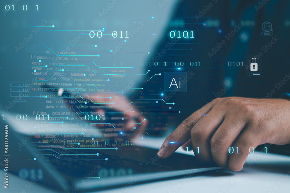 Fototapete Digital technology, software development, AI Artificial Intelligence concept. Computer programmer or software engineer programming with computer code and cloud computing, technology background