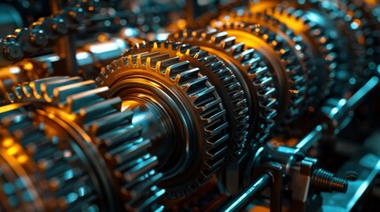 Fototapeta premium Engine gears illuminated by dramatic lighting in a manufacturing plant, emphasizing texture and form