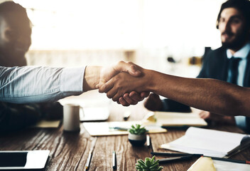 Business people, teamwork and handshake in meeting, greeting and feedback for project, agreement and cooperation. Closeup, hello or group with promotion, opportunity and win for b2b deal or thank you
