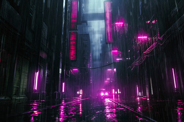 Naklejka premium Cyberpunk streets illustration, futuristic city, dystoptic artwork at night. With rain, foggy and moody empty future