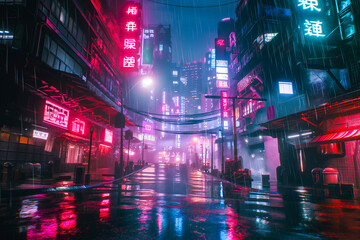 Cyberpunk streets illustration, futuristic city, dystoptic artwork at night. With rain, foggy and moody empty future