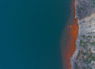 Aerial view of the coast of Lake Caviahue. Patagonia Argentina