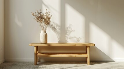 Serene Sustainable Minimalism: Eco-Friendly Bamboo Shelf in Natural Light, Emphasizing Simplicity and Elegance