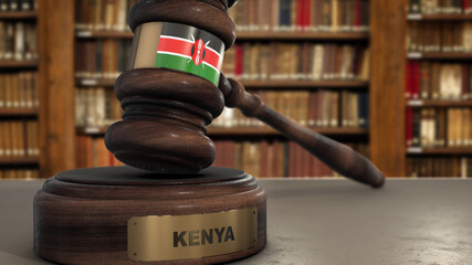 Kenya Flag on Judge Gavel or Hammer in Court with Country Name. Legal System 3D Illustration
