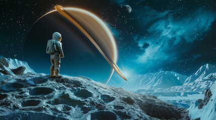 Obraz premium Backdrop photoshoot studio kids fashion brand version in space on the moon colorful and creative photoshoot with saturn and moon prop, cinematic, wide angle lens