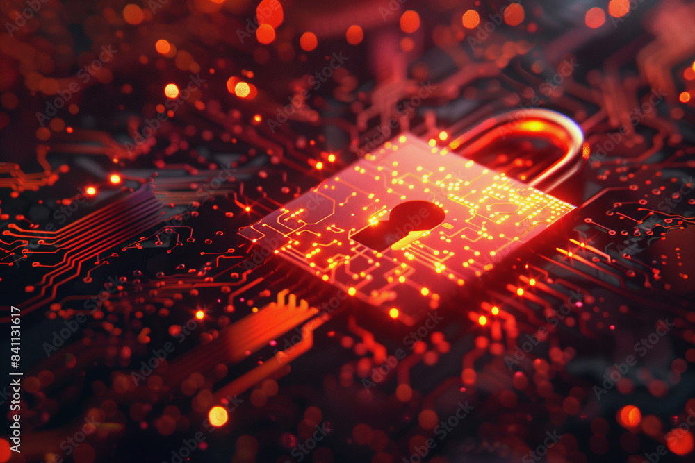 Poster a red and blue computer screen with a glowing lock on it. concept of security and protection, as the