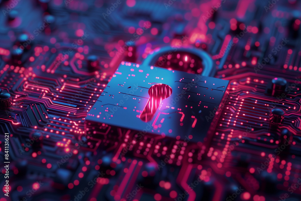 Poster a red and blue computer screen with a glowing lock on it. concept of security and protection, as the