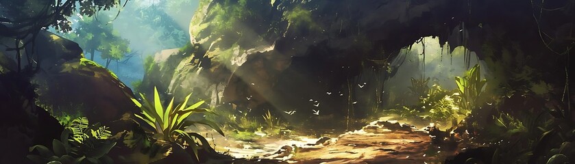 a lush green plant thrives in a rocky cave, surrounded by vibrant green moss