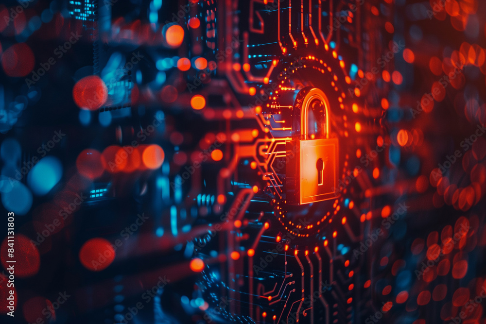 Poster a red and blue computer screen with a glowing lock on it. concept of security and protection, as the