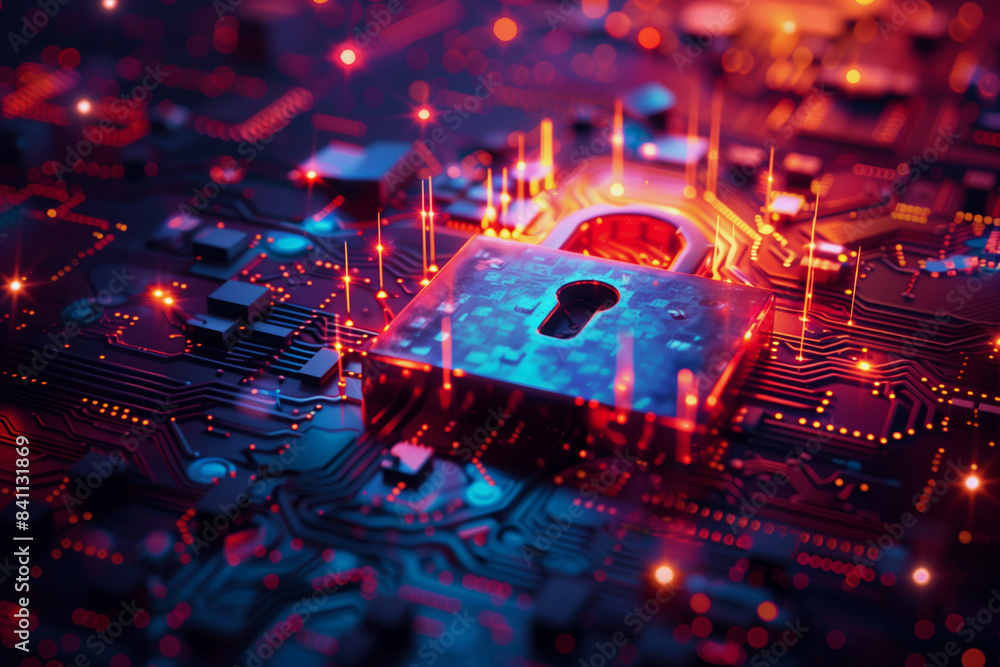 Poster a red and blue computer screen with a glowing lock on it. concept of security and protection, as the