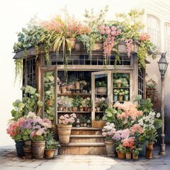 The image shows a beautiful flower shop with a variety of flowers in bloom