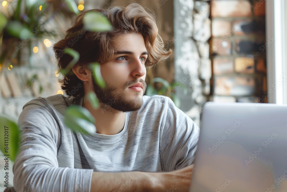 Aufkleber a man with a beard is sitting at a table with a laptop. he is looking at the screen with a serious e