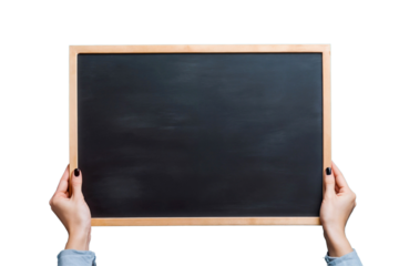 Female hands holding an empty blank chalkboard or blackboard, isolated on transparent background