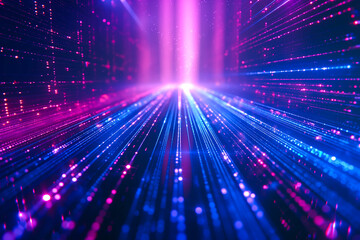 Digital technology metaverse neon blue purple background, cyber information abstract speed connect communication, innovation future meta tech, internet network connection, optical fibers