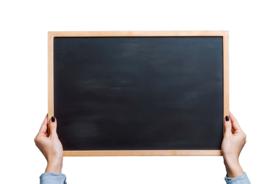 Female hands holding an empty blank chalkboard or blackboard, isolated on transparent background