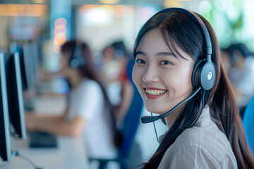 A woman wearing a headset and smiling
