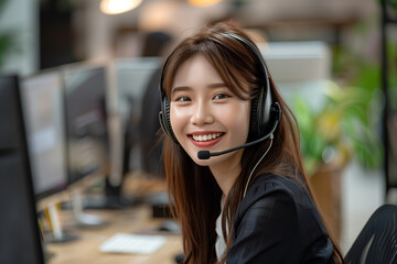 A woman wearing a headset and smiling
