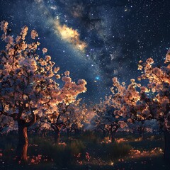 Enchanting Forest of Blooming Fruit Trees Under the Starry Night Sky