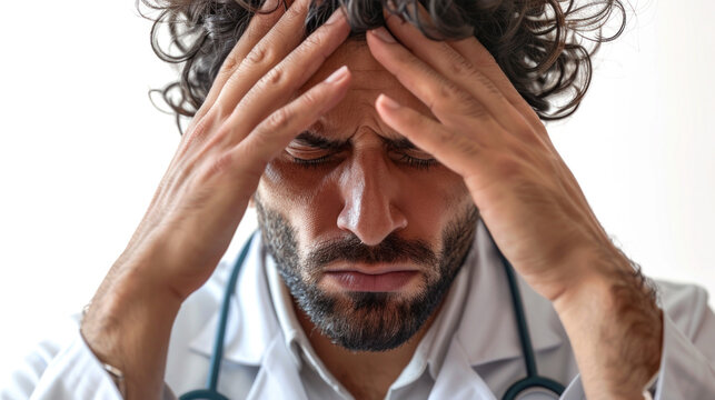 A man with a beard and a white coat is looking down and appears to be in deep thought