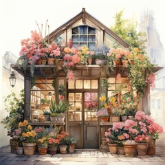 Fototapeta premium The image shows a small cottage with a flower shop. The cottage is surrounded by colorful flowers of different varieties.
