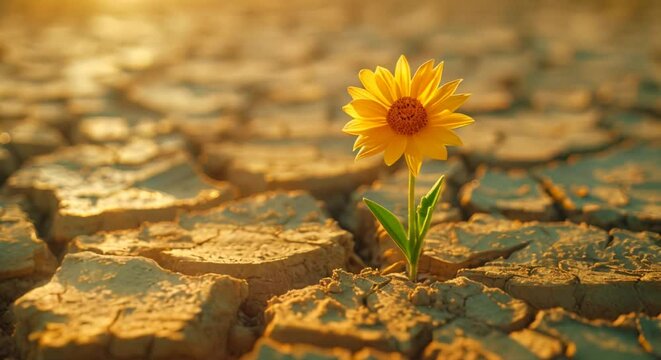 A yellow flower is growing in the middle of a rocky, dry desert. The flower is small and fragile, but it is determined to grow in the harsh environment. Concept of resilience and hope