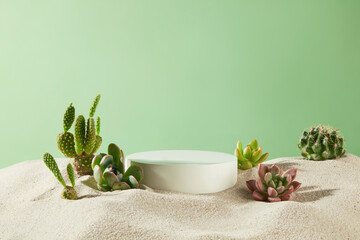 The white podium in round shape placed on yellow sand, decorated with fresh desert cactus, stone lotus around over green background. Template for advertising pics in summertime, space for text