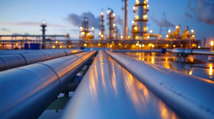 Fototapeta premium A long line of pipes are lit up at night. Concept of industrial activity and the importance of the oil and gas industry