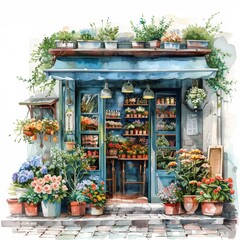 The image shows a watercolor painting of a small business. The shop has a blue awning and a blue door. There are flowers and plants in front of the shop.