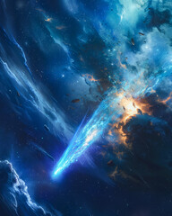A bright blue comet streaking through space, leaving a trail of light in its path