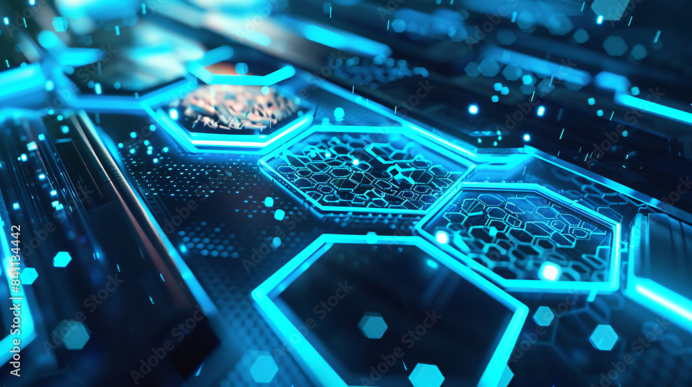 Poster blue neon hexagon pattern for technology background with copy space text for website