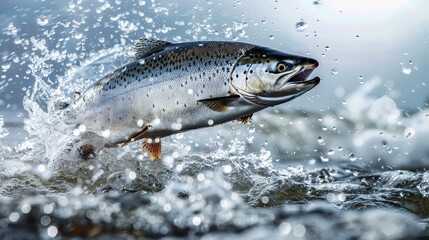 Close-up of salmon mid-leap, light background, water spray, isolated, sharp studio lighting, detailed scales