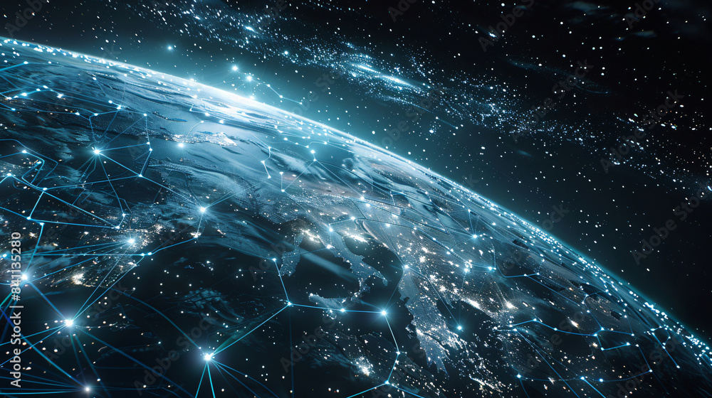 Poster blue network lines on earth for technology background with copy space text for website
