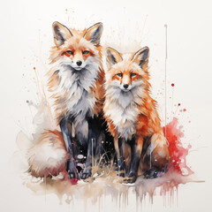 Fototapeta premium Watercolored fox couple animal in cartoonstyle