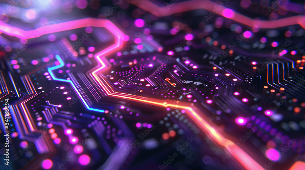 Poster purple and pink circuit board for technology background with copy space text for website